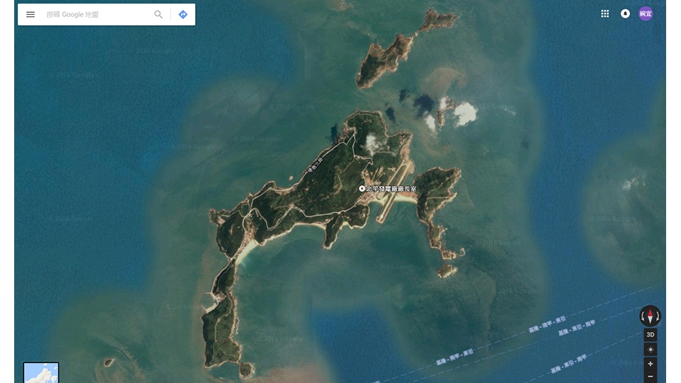 大坵島，一島一戶，電力跨海服務地圖資料來源：Google earth、CNES  _Astrium、DigitalGlobe、TerraMetrics。